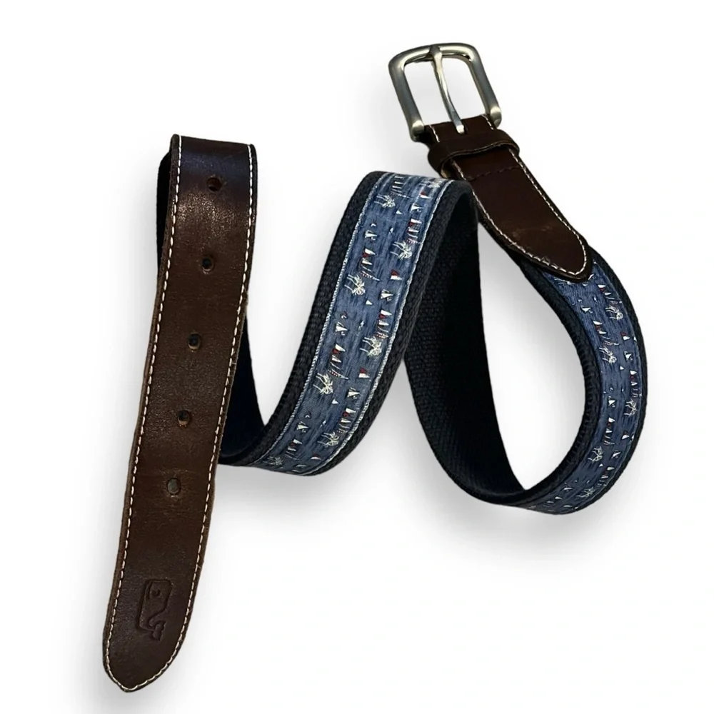 Vineyard Vines Canvas Club Belt Leather Ends Nautical Sailboats Palm Trees SZ 32